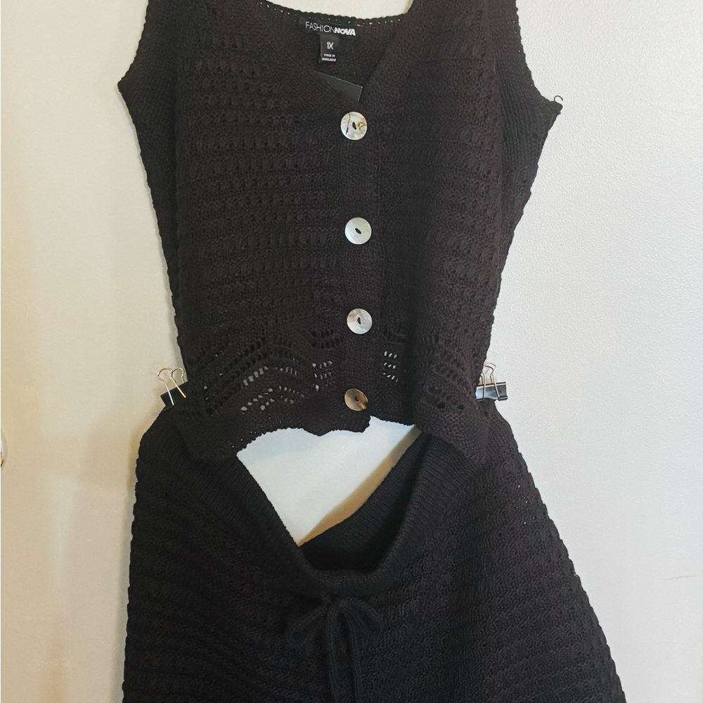 Fashion Nova Black Crochet Button Tank & Skirt Set